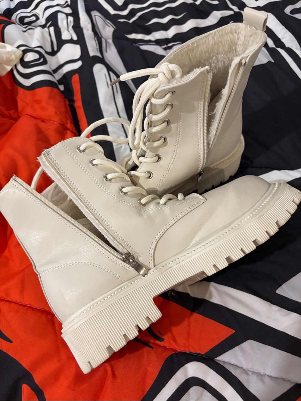 Cream Lace-Up Combat Boots with Side Zipper